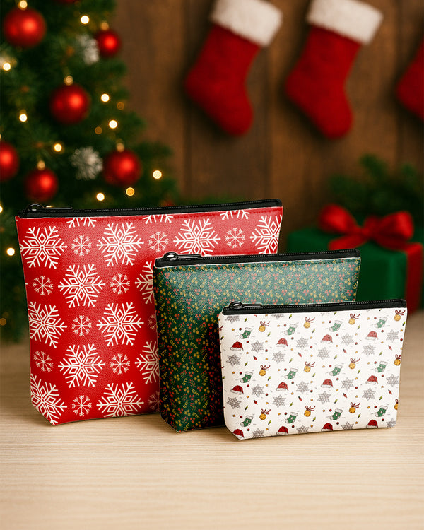 Set of 3 - Essential Zipper Pouch for Makeup Bag  Small Flowers Green Background - Snow Flower Pattern - Pattern Stocking Hat Cute Christmas GPO0191