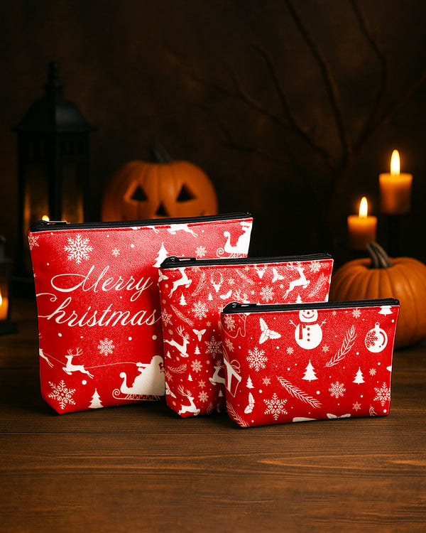 Set of 3 - Essential Zipper Pouch for Makeup Bag  Xmas Pattern 2 - Santa Reindeer Snowflakes - Snowman Pattern Cute Christmas GPO0198