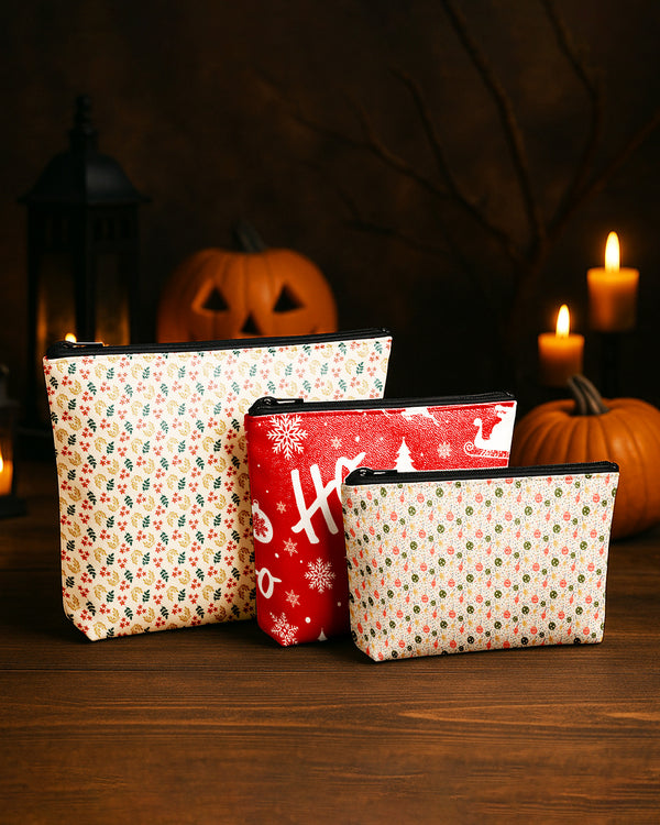 Set of 3 - Essential Zipper Pouch for Makeup Bag  Xmas Pattern 3 - Floral Pattern Red Gold Green - Christmas Ornaments Pattern Cute Christmas GPO0199