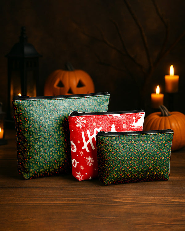 Set of 3 - Essential Zipper Pouch for Makeup Bag  Xmas Pattern 3 - Gold Leaves Red Berries Green - Small Flowers Green Background Cute Christmas GPO0200