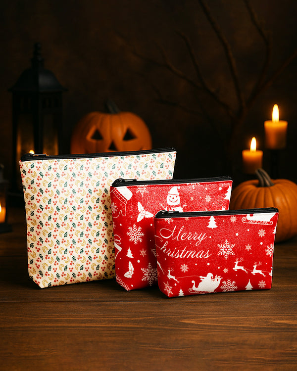 Set of 3 - Essential Zipper Pouch for Makeup Bag  Snowman Pattern - Floral Pattern Red Gold Green - Santa Reindeer Snowflakes Cute Christmas GPO0196