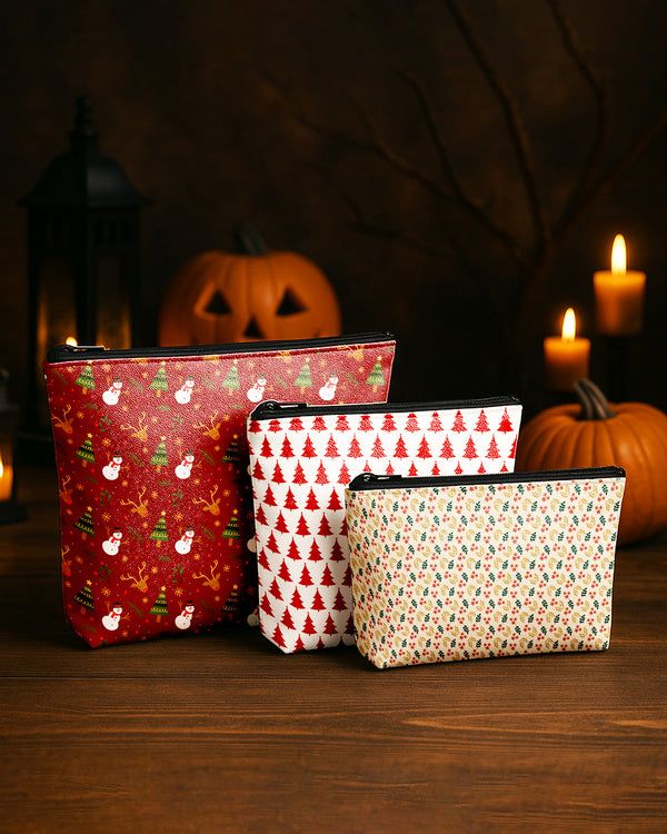 Set of 3 - Essential Zipper Pouch for Makeup Bag  Xmas Tree Pattern - Christmas Reindeer Snowman Pattern - Floral Pattern Red Gold Green Cute Christmas GPO0201