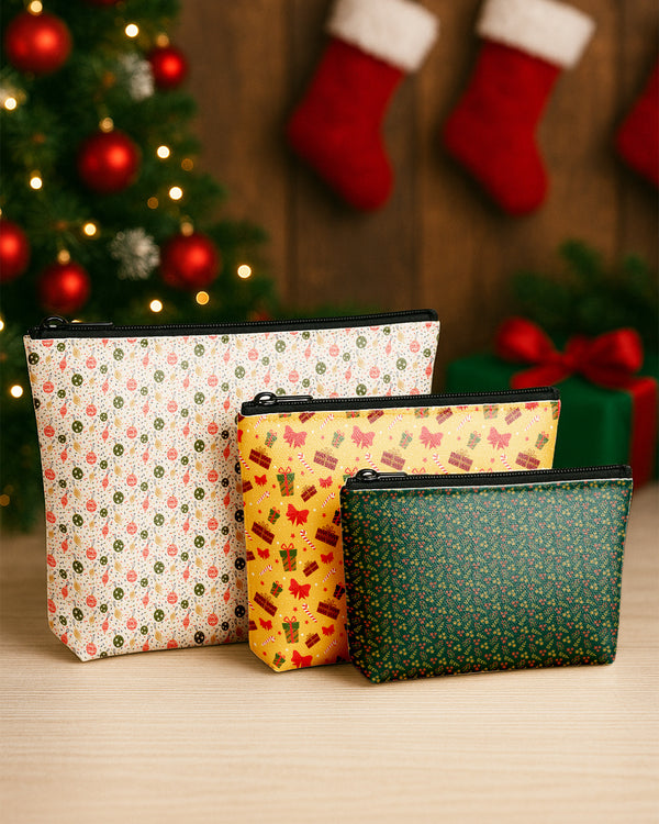 Set of 3 - Essential Zipper Pouch for Makeup Bag  Christmas Candy Canes Pattern - Christmas Ornaments Pattern - Small Flowers Green Background Cute Christmas GPO0183