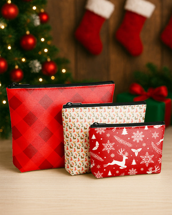 Set of 3 - Essential Zipper Pouch for Makeup Bag  Socks Pattern Confetti - Xmas Pattern 4 - Red Xmas Cute Christmas GPO0197