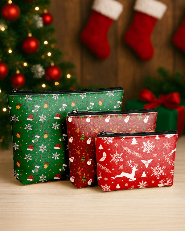 Set of 3 - Essential Zipper Pouch for Makeup Bag  Christmas Reindeer Snowman Pattern - Christmas Pattern Green - Red Xmas Cute Christmas GPO0185
