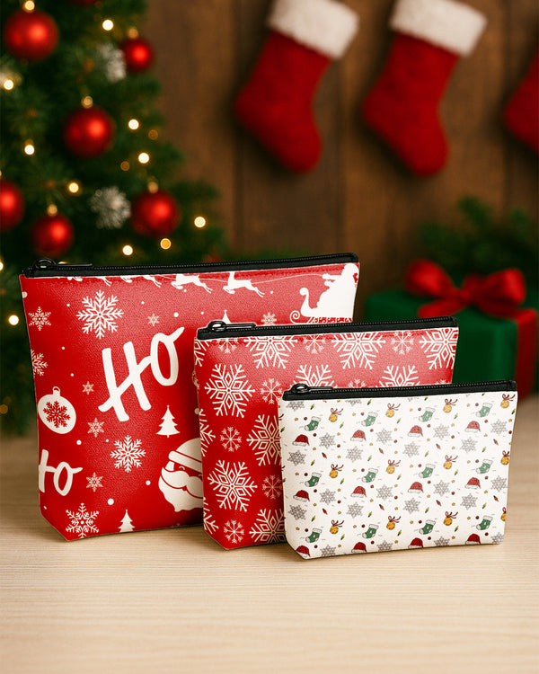 Set of 3 - Essential Zipper Pouch for Makeup Bag  Snow Flower Pattern - Xmas Pattern 3 - Pattern Stocking Hat Cute Christmas GPO0194