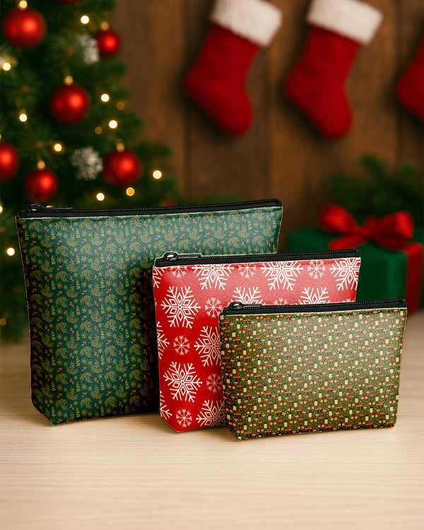Set of 3 - Essential Zipper Pouch for Makeup Bag  Snow Flower Pattern - Gold Leaves Red Berries Green - Gifts Stars Green Background Cute Christmas GPO0193