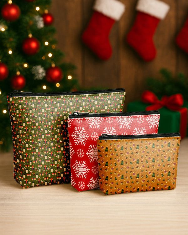 Set of 3 - Essential Zipper Pouch for Makeup Bag  Snow Flower Pattern - Gifts Stars Green Background - Christmas Trees Gifts Pattern Cute Christmas GPO0192