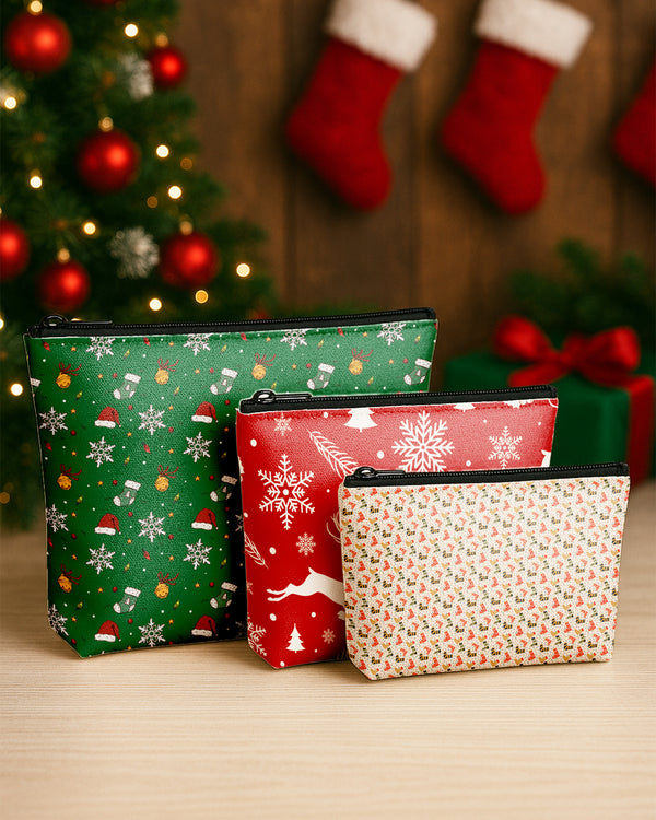 Set of 3 - Essential Zipper Pouch for Makeup Bag  Red Xmas - Christmas Pattern Green - Socks Pattern Confetti Cute Christmas GPO0189