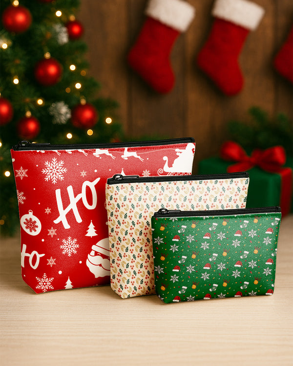 Set of 3 - Essential Zipper Pouch for Makeup Bag  Floral Pattern Red Gold Green - Xmas Pattern 3 - Christmas Pattern Green Cute Christmas GPO0187