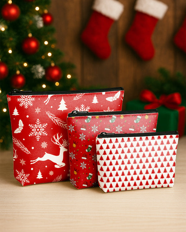 Set of 3 - Essential Zipper Pouch for Makeup Bag  Christmas Stocking Hat Pattern - Red Xmas - Xmas Tree Pattern Cute Christmas GPO0186