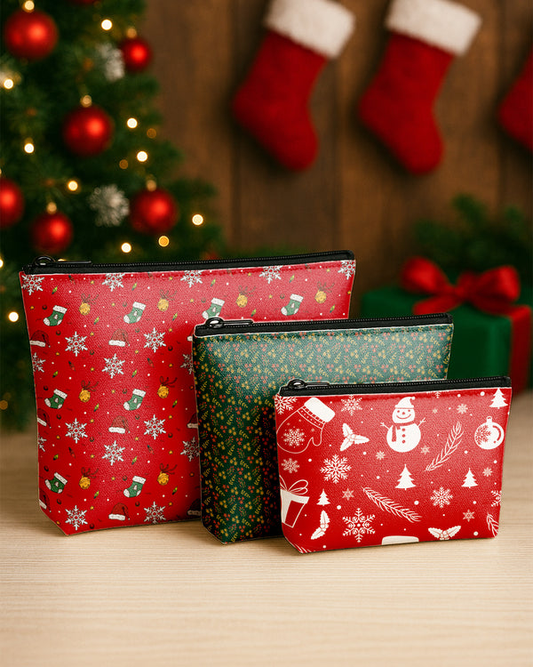 Set of 3 - Essential Zipper Pouch for Makeup Bag  Small Flowers Green Background - Christmas Stocking Hat Pattern - Snowman Pattern Cute Christmas GPO0190
