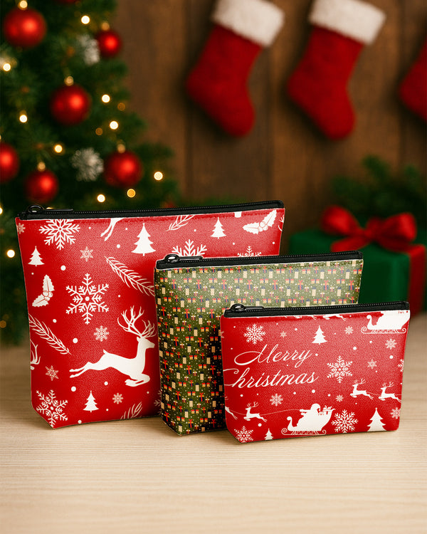 Set of 3 - Essential Zipper Pouch for Makeup Bag  Gifts Stars Green Background - Red Xmas - Santa Reindeer Snowflakes Cute Christmas GPO0188