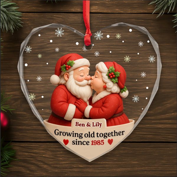 Growing Old Together With Santa Claus And Mrs. Claus, Personalized Heart Glass Ornament , Gift For Couples GLO03020
