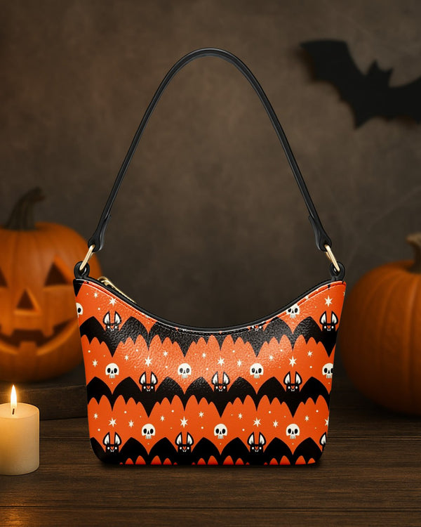 Leather Baguette Bag Underarm Shoulder Bag Bat and Black Skull Cute Halloween GLBBU01