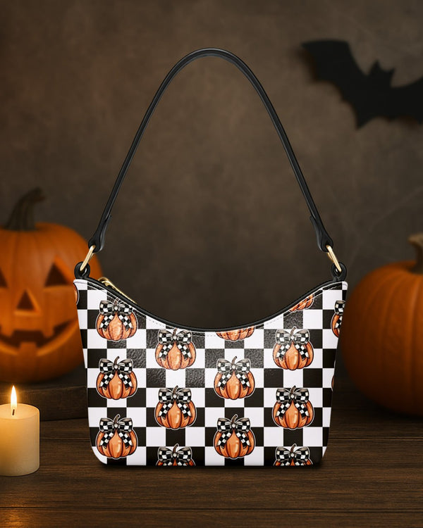 Leather Baguette Bag Underarm Shoulder Bag Pumpkin with Black and White Ribbon Cute Halloween GLBBU06