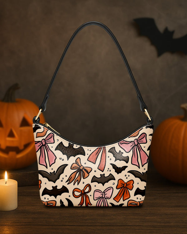 Leather Baguette Bag Underarm Shoulder Bag Black Bat Ribbon Cute Halloween GLBBU03