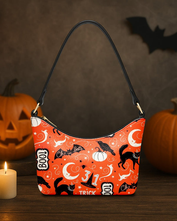 Leather Baguette Bag Underarm Shoulder Bag Black Animals Bat Cat Crow Orange Cute Halloween GLBBU02