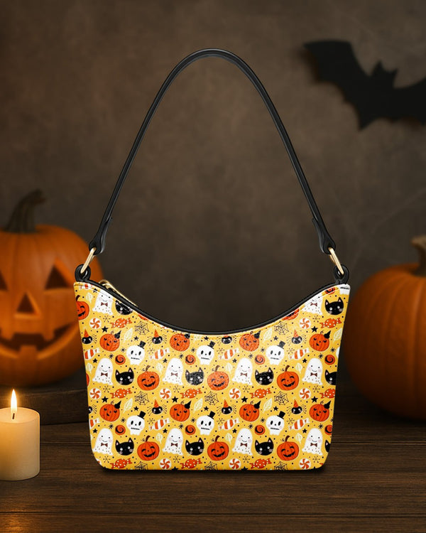 Leather Baguette Bag Underarm Shoulder Bag Black Cat and Ghost with Pumpkin Candy Cute Halloween GLBBU04