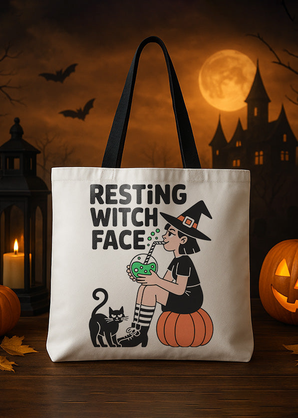 Canvas Totebag Resting Witch Face Chill With Black Cat Halloween GTT0162