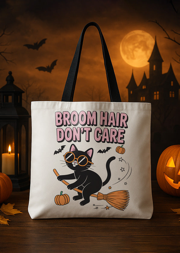 Canvas Totebag Broom Hair Dont Care Black Cat Cute Halloween 01 GTT0113