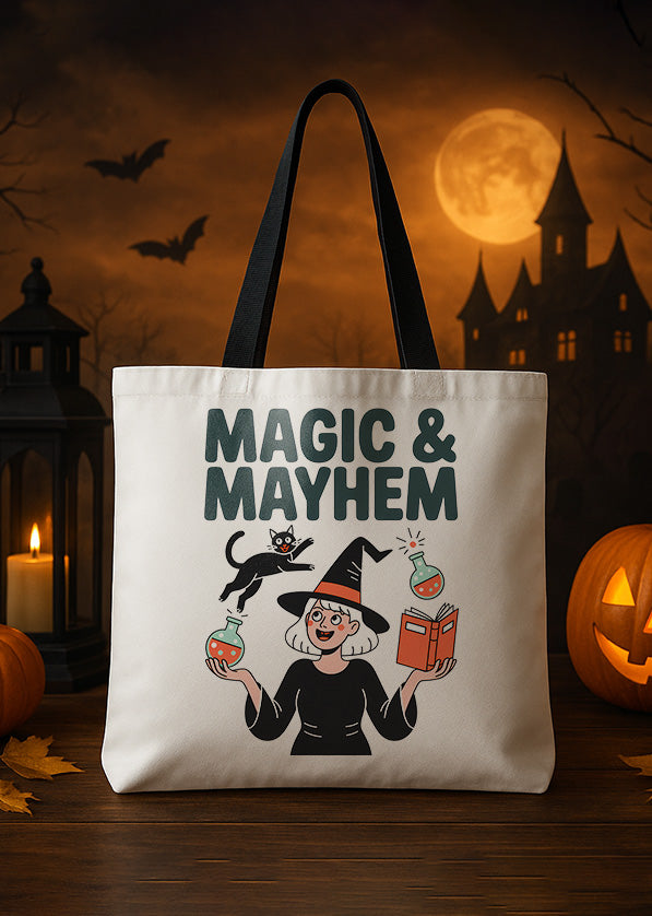 Canvas Totebag Magic and Mayhem Witch Black Cat Cute Halloween GTT0144