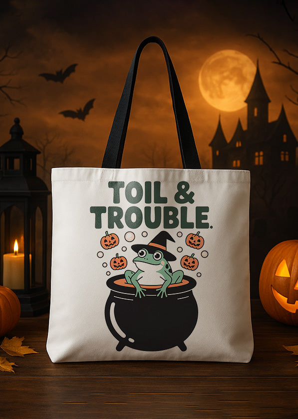 Canvas Totebag Toil and Trouble Witch Frog Cauldron Pumpkin Cute Halloween GTT0177