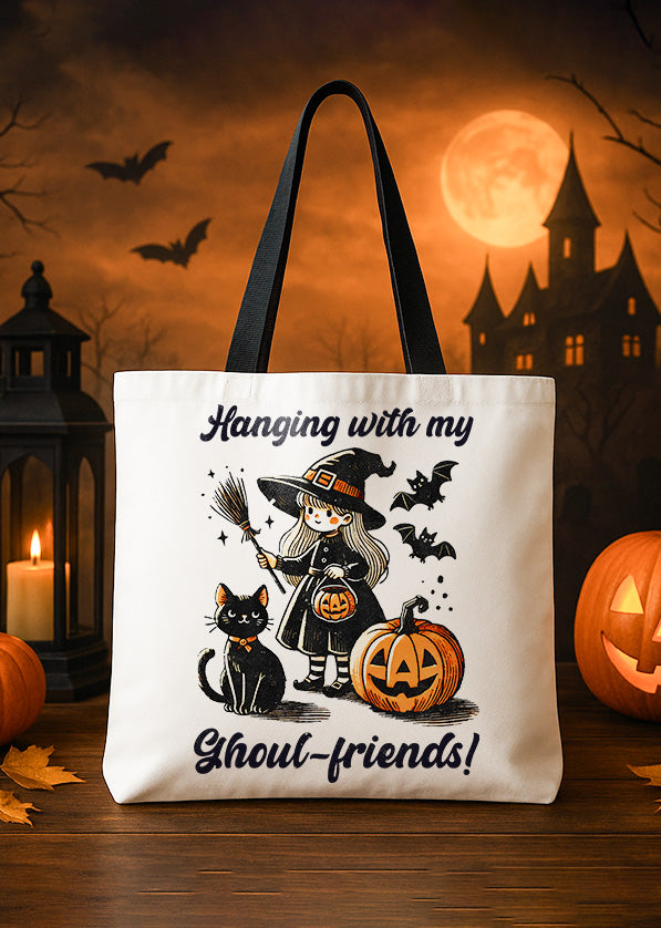 Canvas Totebag Hanging with My Ghoul Friend Witch Black Cat Pumpkin Cute Halloween GTT0132