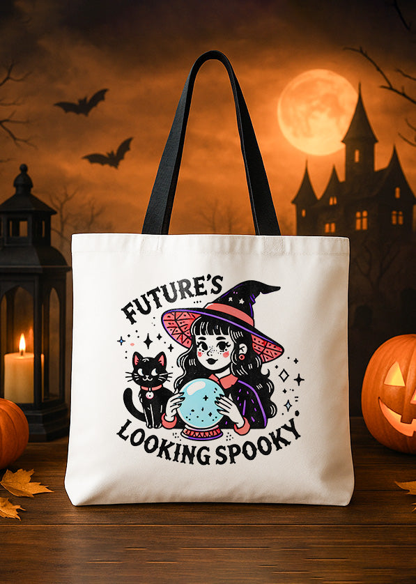 Canvas Totebag Future Looking Spooky Witch and Black Cat Cute Halloween GTT0124