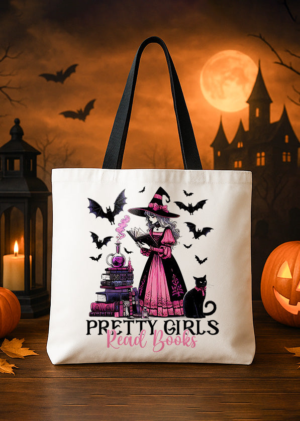 Canvas Totebag Pretty Girl Reads Books Cute Halloween GTT0157