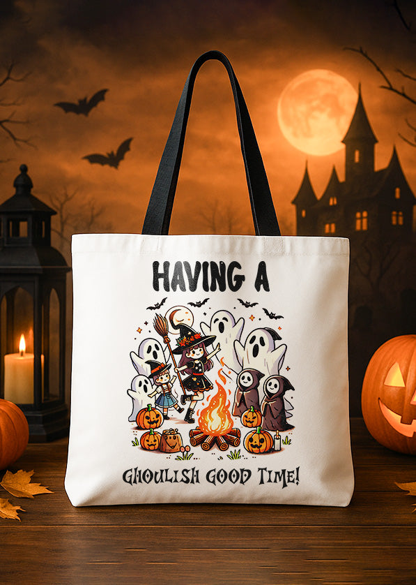 Canvas Totebag Having A Ghoulist Good Time Witch Ghost Pumpkin Cute Halloween GTT0133