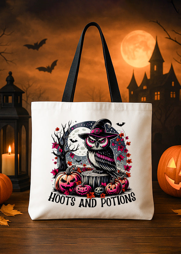 Canvas Totebag Hoot and Potions Owl Pumpkin Night Cute Halloween GTT0136