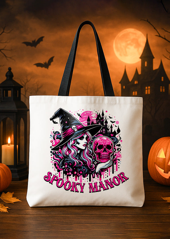 Canvas Totebag Spooky Manor Witch and Skeleton Cute Halloween GTT0169