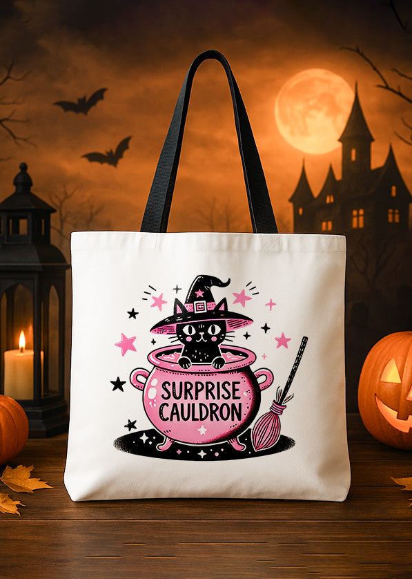 Canvas Totebag Surprise Cauldron Black Cat Cute Halloween GTT0173