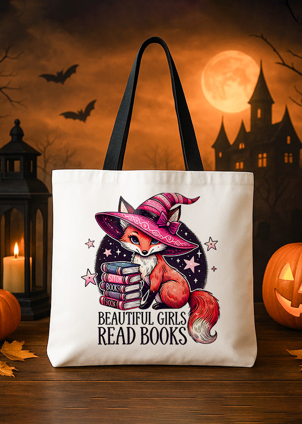 Canvas Totebag Beautiful Girl Reads Books Cute Halloween GTT0184