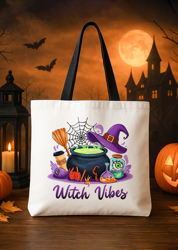 Canvas Totebag Witch Vibes Cauldron Cute Halloween 01 GTT0209
