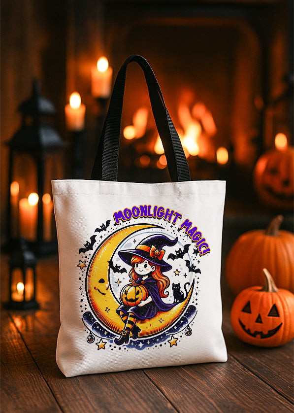 Canvas Totebag Moonlight Magic Witch and Pumpkin Cute Halloween GTT0149