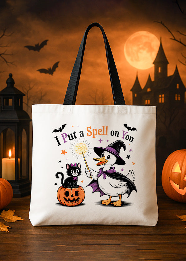 Canvas Totebag I Put A Spell On You Goose Black Cat Pumpkin Cute Halloween GTT0138