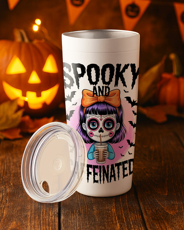 Stainless Tumbler Spooky and Cafeined Skeleton Doll Coffee Cute Halloween GTB083