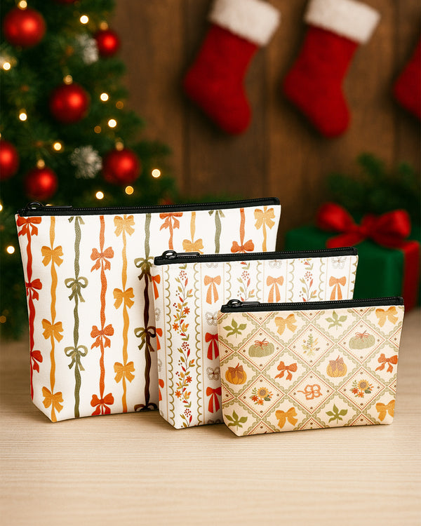 Set of 3 - Essential Zipper Pouch for Makeup Bag Bow Pumpkin Pattern - Xmas Tree Pattern - Xmas Pattern Cute Christmas GPO0167