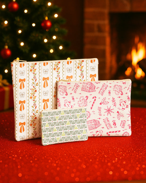 Set of 3 - Flat Zipper Pouch for Makeup Pumpkin Pattern - Colorful Bow Pattern - Candy Bow Pattern Cute Christmas GZP08