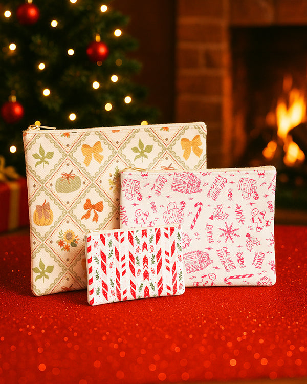 Set of 3 - Flat Zipper Pouch for Makeup Bow Pattern - Xmas Pattern - Xmas Tree Pattern Cute Christmas GZP01