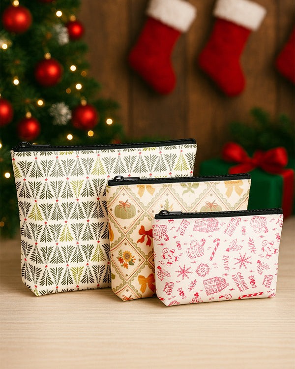 Set of 3 - Essential Zipper Pouch for Makeup Bag Bow Pumpkin Pattern - Xmas Tree Pattern Candy Bow Pattern Cute Christmas GPO0168