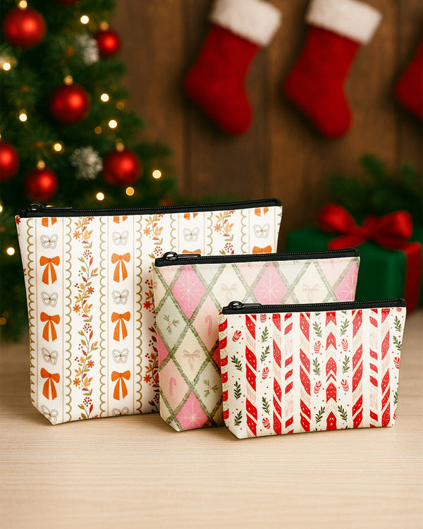 Set of 3 - Essential Zipper Pouch for Makeup Bag Candy Bow Pattern - Bow Pattern - Red Xmas Pattern Cute Christmas GPO0169
