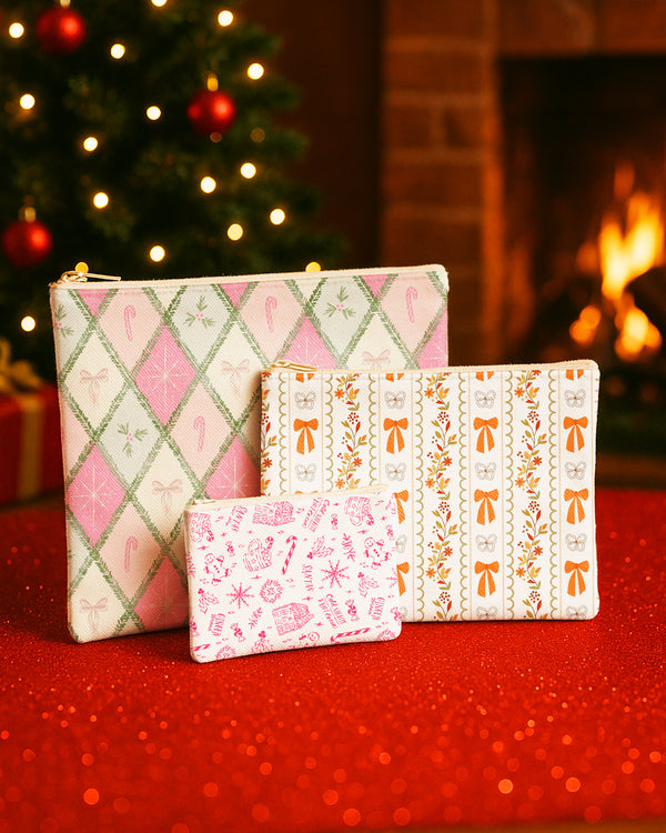 Set of 3 - Flat Zipper Pouch for Makeup Bow Pumpkin Pattern - Xmas Pattern - Red Xmas Pattern Cute Christmas GZP02