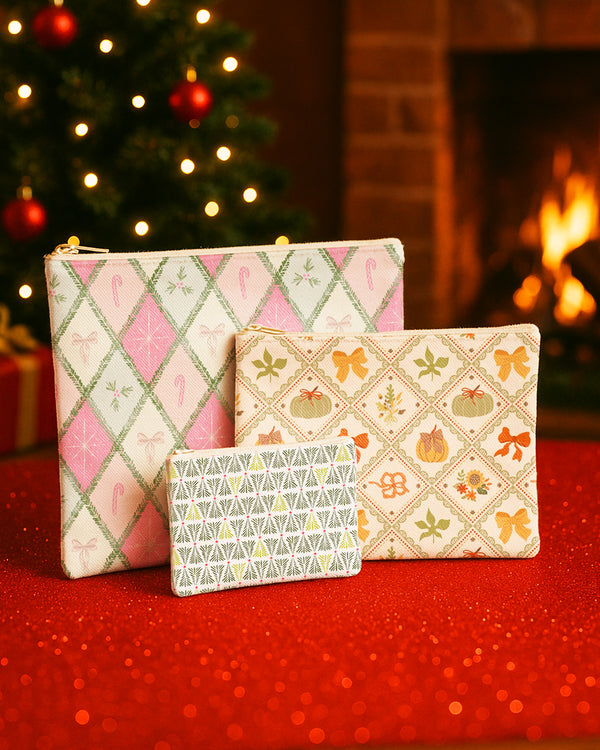Set of 3 - Flat Zipper Pouch for Makeup Candy Bow Pattern - Bow Pattern - Xmas Pattern Cute Christmas GZP03