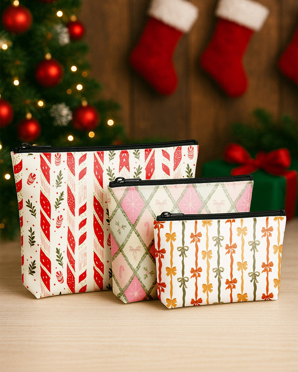 Set of 3 - Essential Zipper Pouch for Makeup Bag Candy Bow Pattern - Red Xmas Pattern - Colorful Bow Pattern Cute Christmas GPO0170