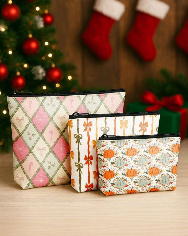 Set of 3 - Essential Zipper Pouch for Makeup Bag Colorful Bow Pattern - Candy Bow Pattern - Pumpkin Pattern Cute Christmas GPO0172