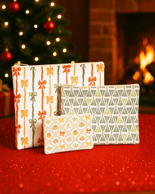 Set of 3 - Flat Zipper Pouch for Makeup Colorful Bow Pattern - Xmas Tree Pattern - Bow Pumpkin Pattern Cute Christmas GZP07