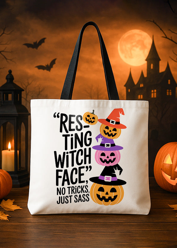 Canvas Totebag Resting Witch Face Pumpkin Halloween GTT184